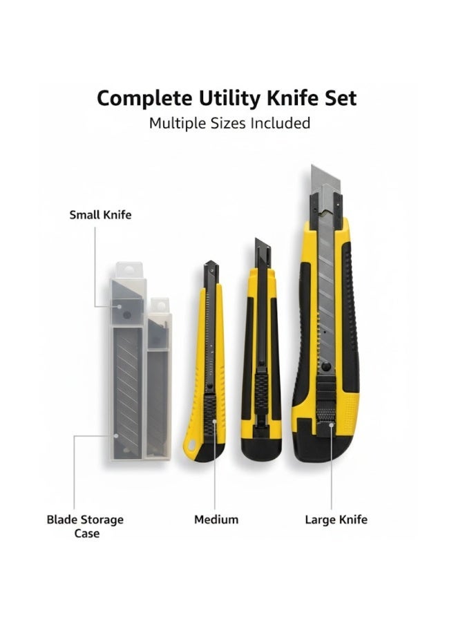 Lukadah 5-Piece Heavy Duty Utility Knife Set with Snap-Off Blades, 3 Box Cutters + 2 Spare Blade Cases, Sharp Retractable Box Cutters with Non-Slip Rubber Handle, Ergonomic Grip & Quick-Release Design, Multiple Sizes for Cutting Cardboard, Carpet & warehouse or packing area, Plastic, Home, DIY, office or craft setup, and Professional Use - Image 3